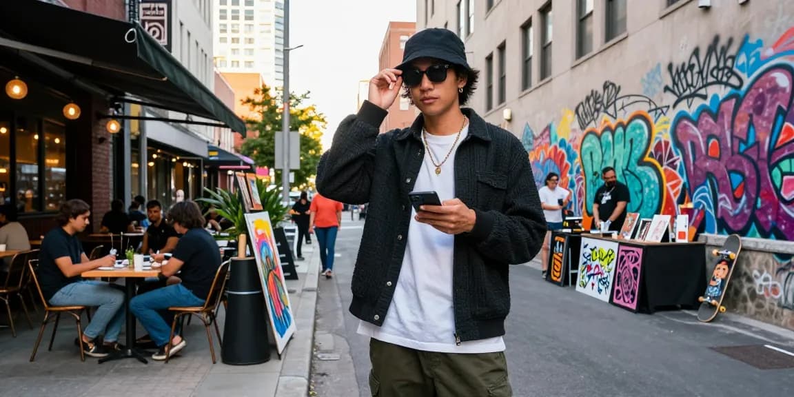 Fashion tips showcased in stylish urban outfit against a vibrant city backdrop.