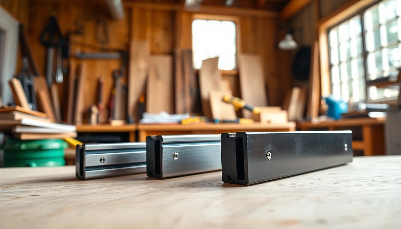 Showcasing Drawer Slides Wholesale in a professional workshop with tools and a wood backdrop.