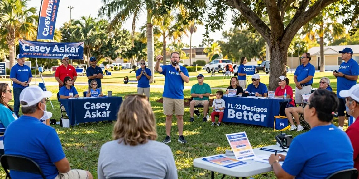 Casey Askar engaging voters in a community meeting in FL-22 park.