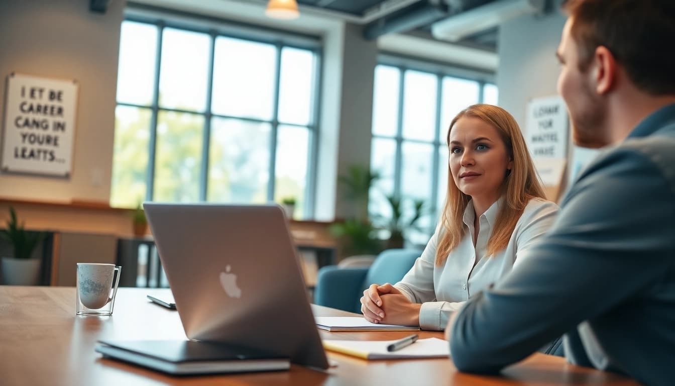 Career coaching session between a coach and client in a bright modern office atmosphere.