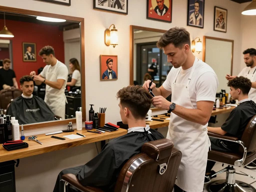Manclub grooming scene with stylish barber cutting hair in a modern barbershop.