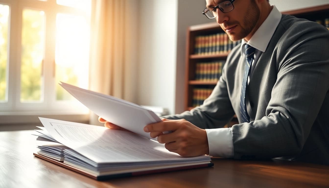 Lawyer examining documents related to Probate in a bright office environment.