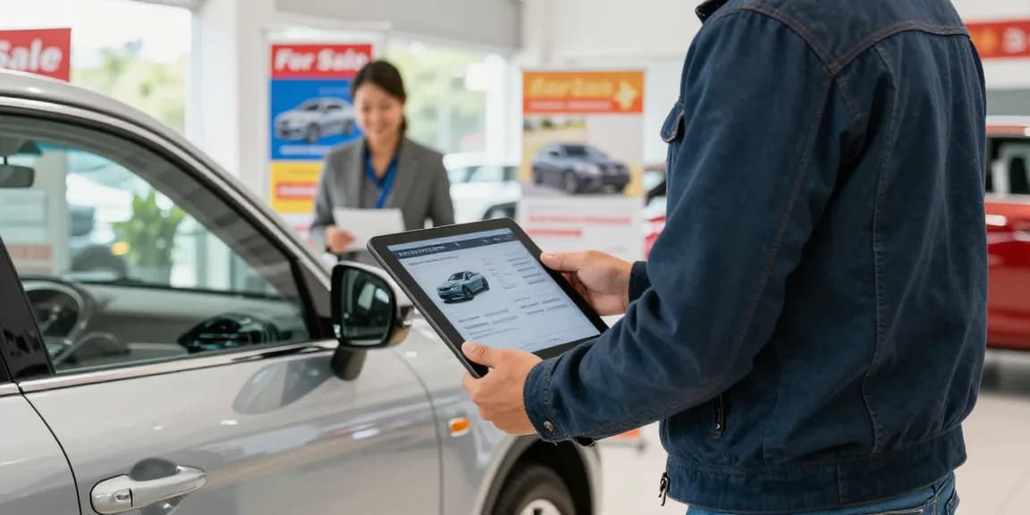 Person checking the best car history check UK report on a tablet while inspecting a vehicle at a dealership.