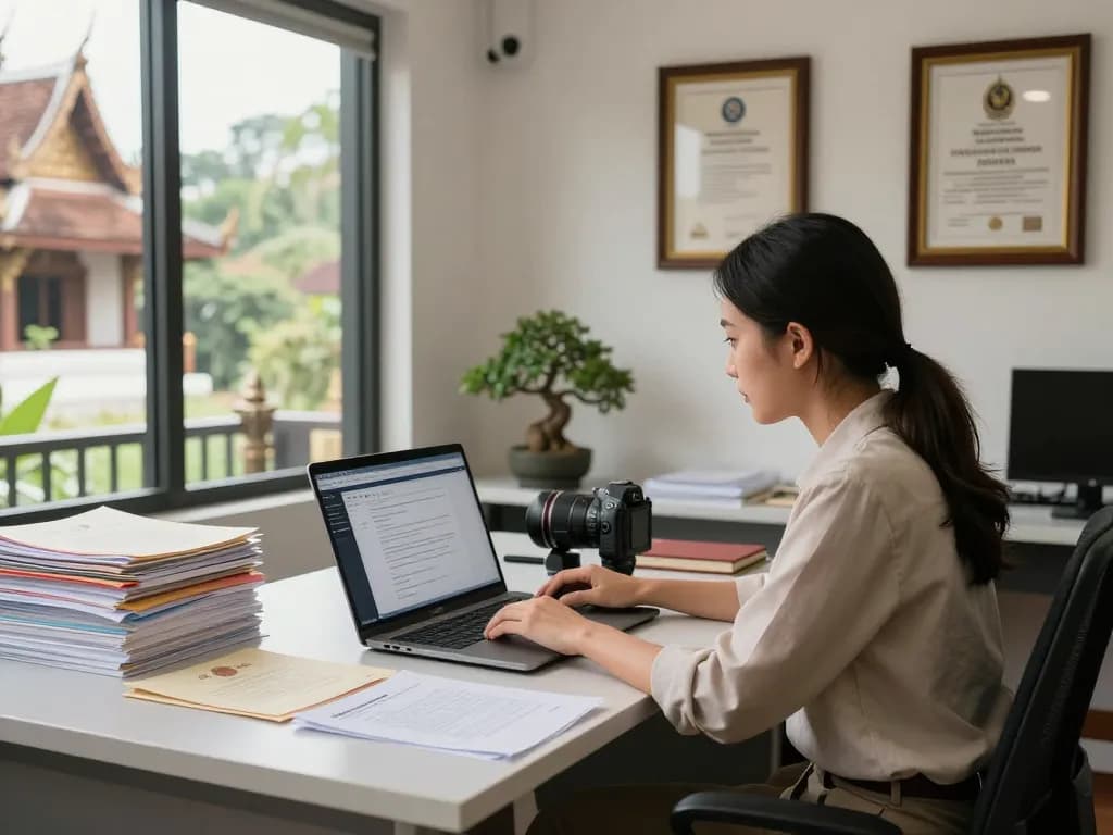 Translation Services in Chiang Mai showcased in a professional workspace, highlighting documents and technology.