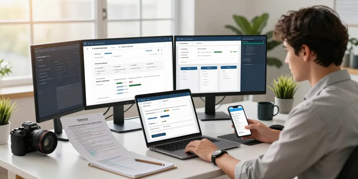 Warranty service management software dashboard in a modern workspace illustrating real-time updates and analytics.