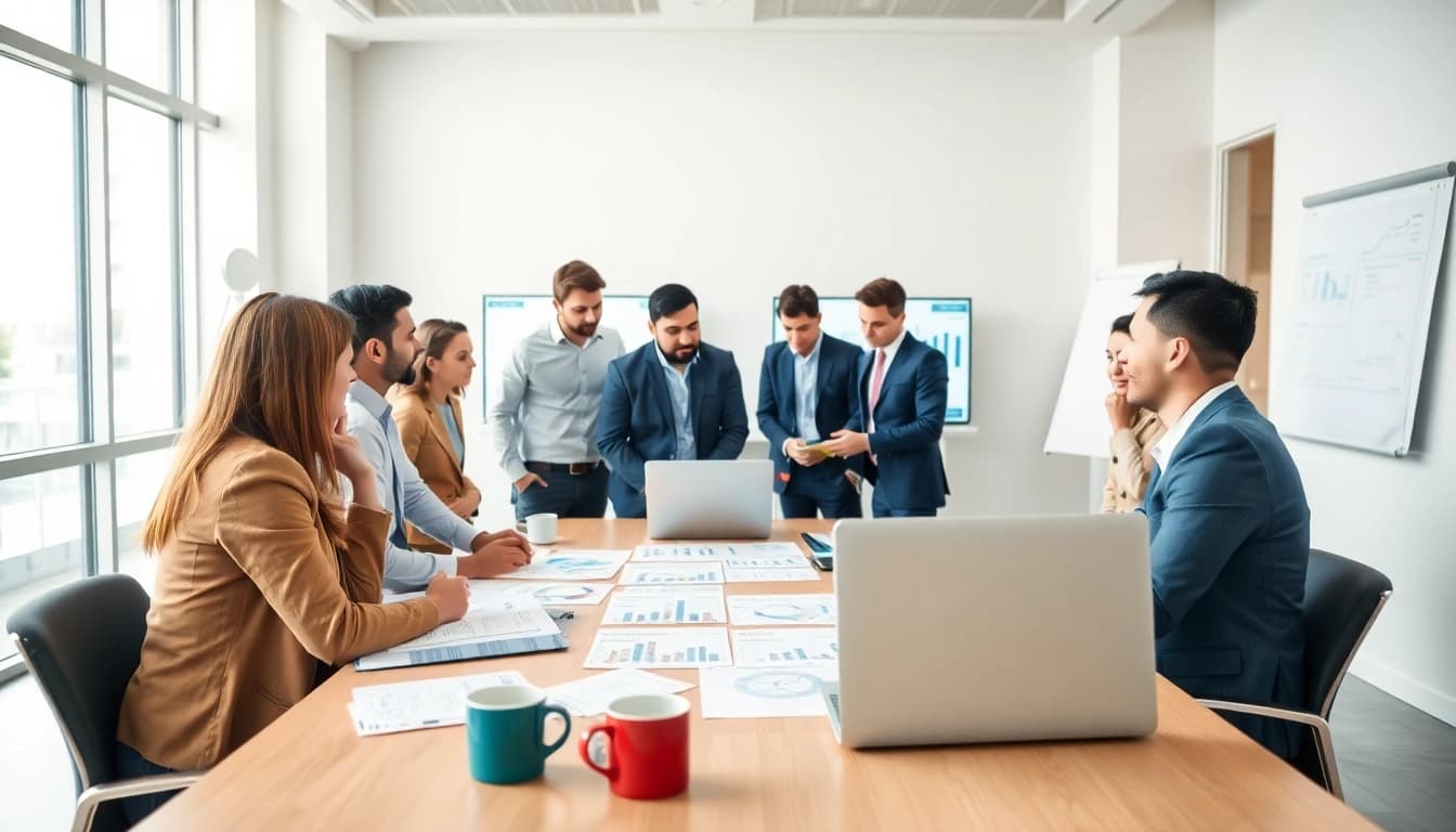 Engaging professionals analyzing Bid No Bid Analysis in a modern office setting.