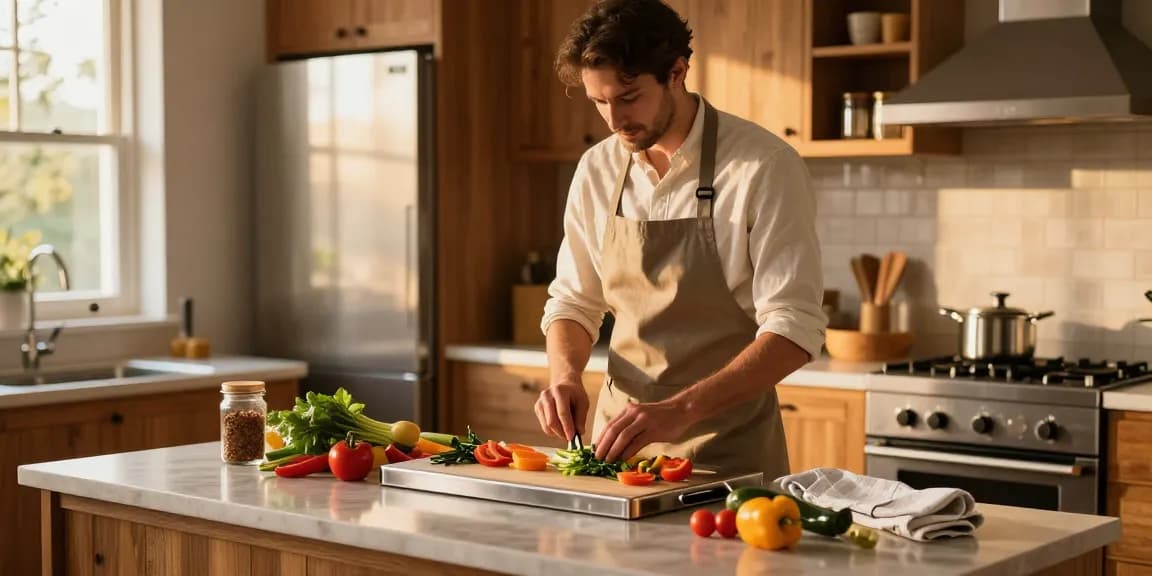 Titanium cutting board in a cozy kitchen scene with fresh ingredients ready for cooking.