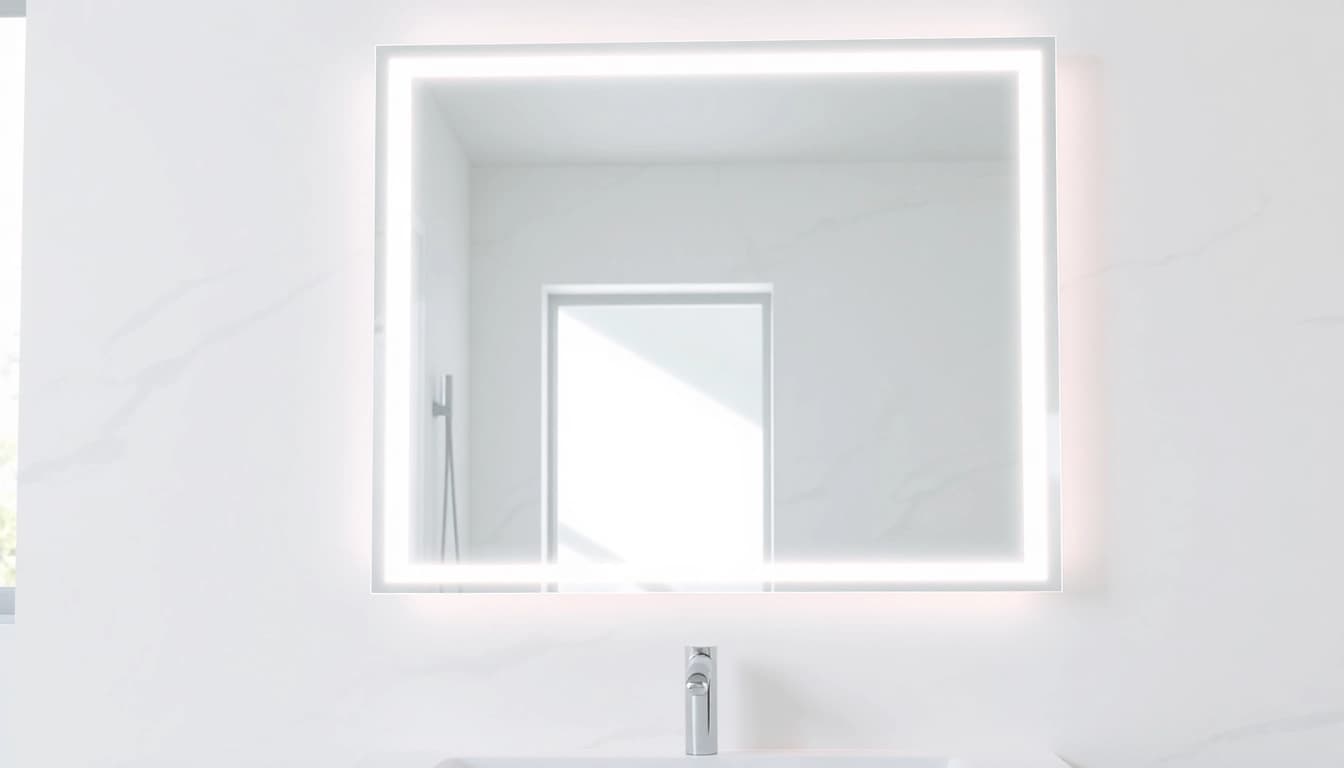 Check out this elegant mirror and led lights setup in a modern bathroom.