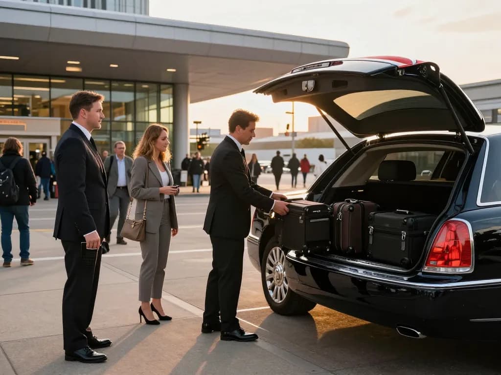Oswego IL limousine service featuring a chauffeur assisting passengers at Chicago airport in a luxury Lincoln Continental.