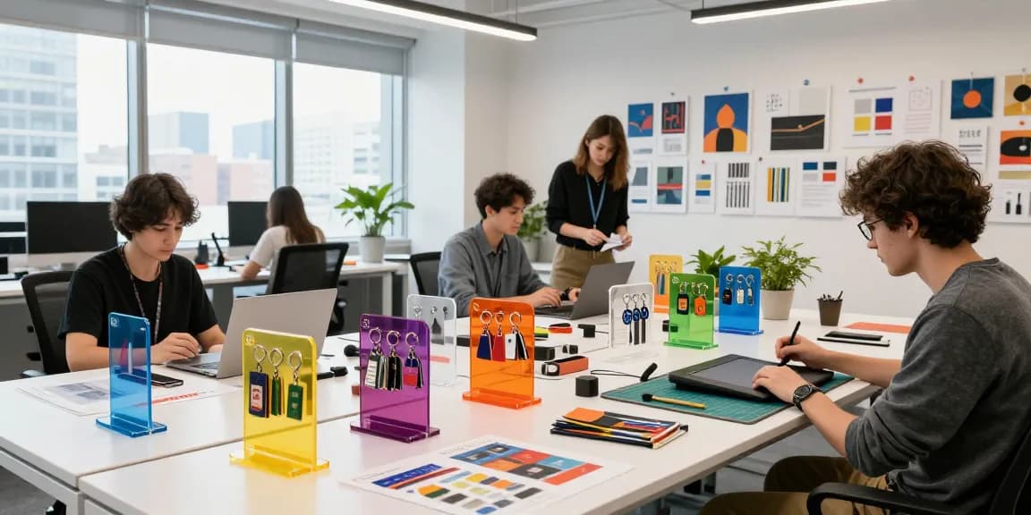 Custom acrylic stand designs displayed in a bright and modern workspace