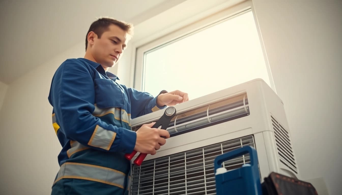 Technician performing Air Conditioning Repair Tampa in a modern home setting.