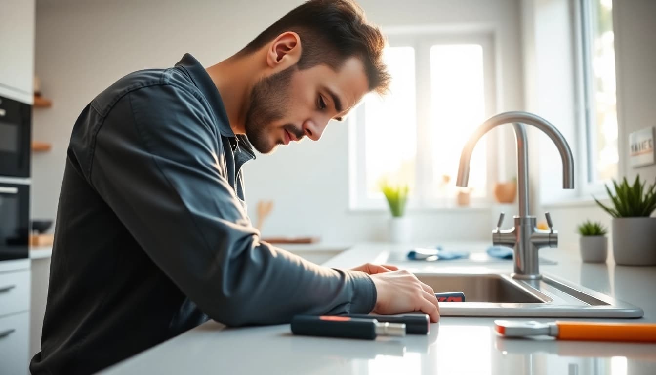 Skilled plumber near me working in a modern kitchen environment.