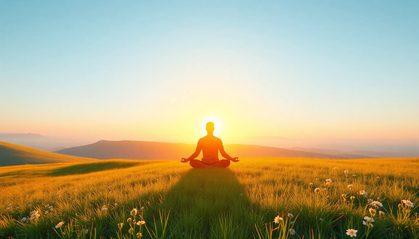 Meditative figure embodying mental wellness in a peaceful sunrise landscape.