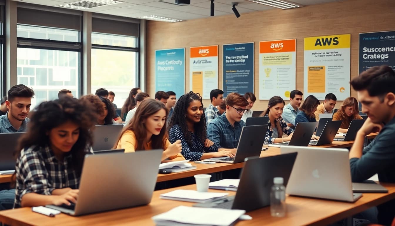 Students preparing for AWS exam help in a bright classroom, showcasing collaboration and focus.