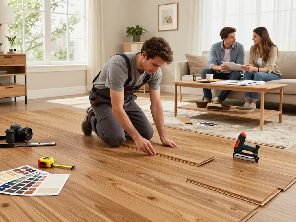 Flooring specialists near me expertly installing hardwood floors in a bright and inviting living room.