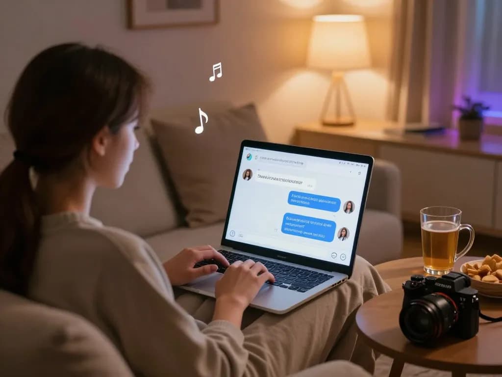 Engaging in interactive porn chat AI on a sleek laptop in a cozy atmosphere.