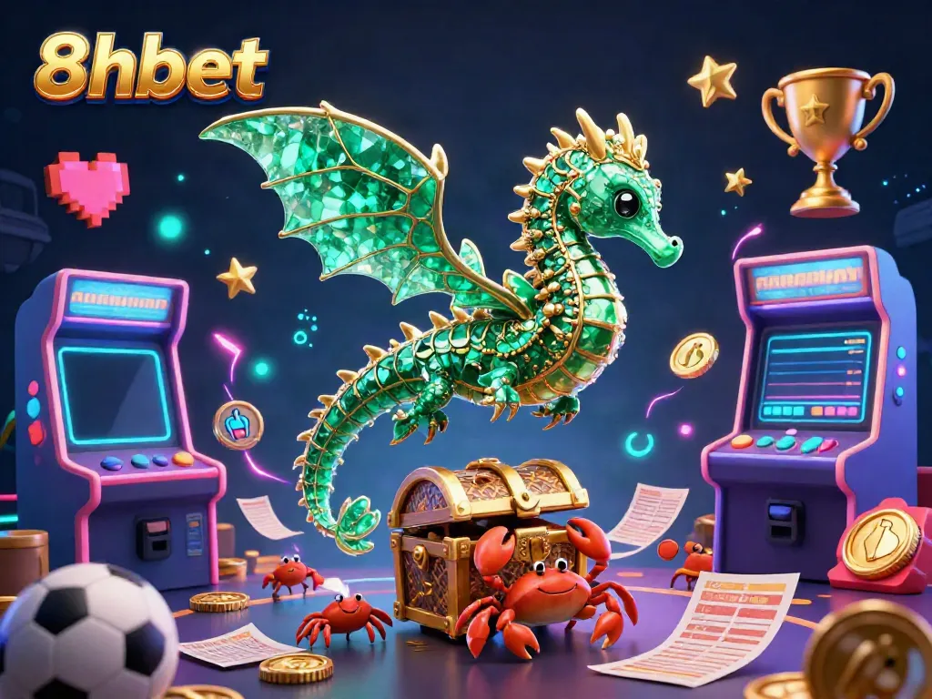 Engage with 8xbet in a dynamic 3D cartoon illustration featuring a sea dragon and betting elements.