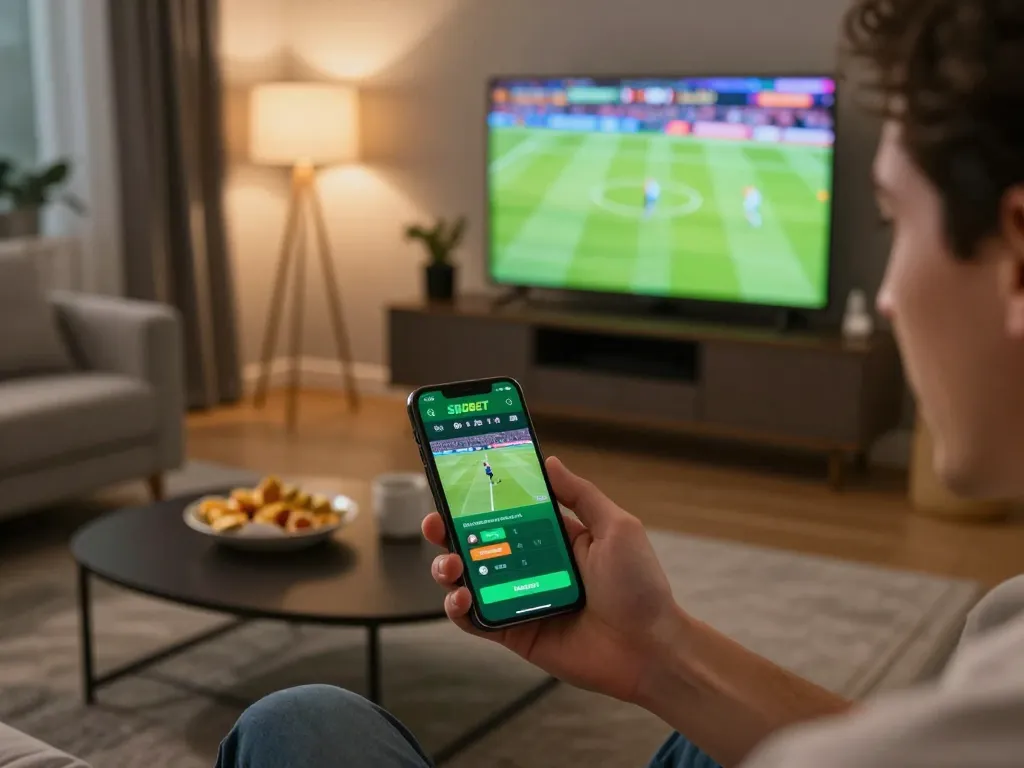 Aplikasi SBOBET ditampilkan di smartphone saat pengguna terlibat dalam taruhan olahraga waktu nyata di lingkungan rumah yang nyaman.