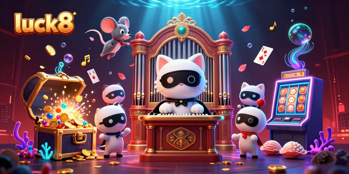 Enjoy thrilling action at luck8 with a phantom cat and mouse acrobat in a vibrant casino scene.