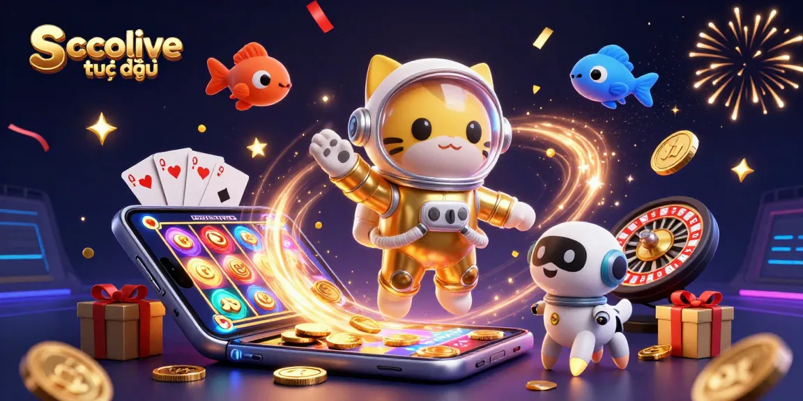 Socolive trực tiếp delivers a thrilling online gambling experience showcasing a vibrant, dynamic space scene with a cartoon astronaut cat and robot dog.