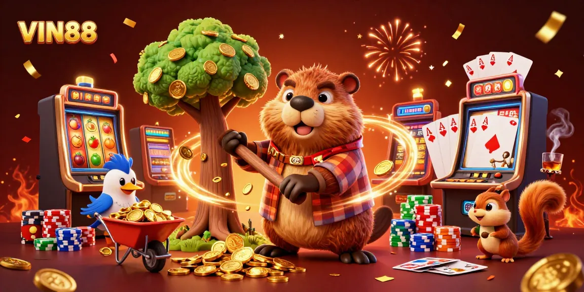 Spin the reels and collect coins with VIN88's lively 3D casino illustration featuring beavers and slot machines.