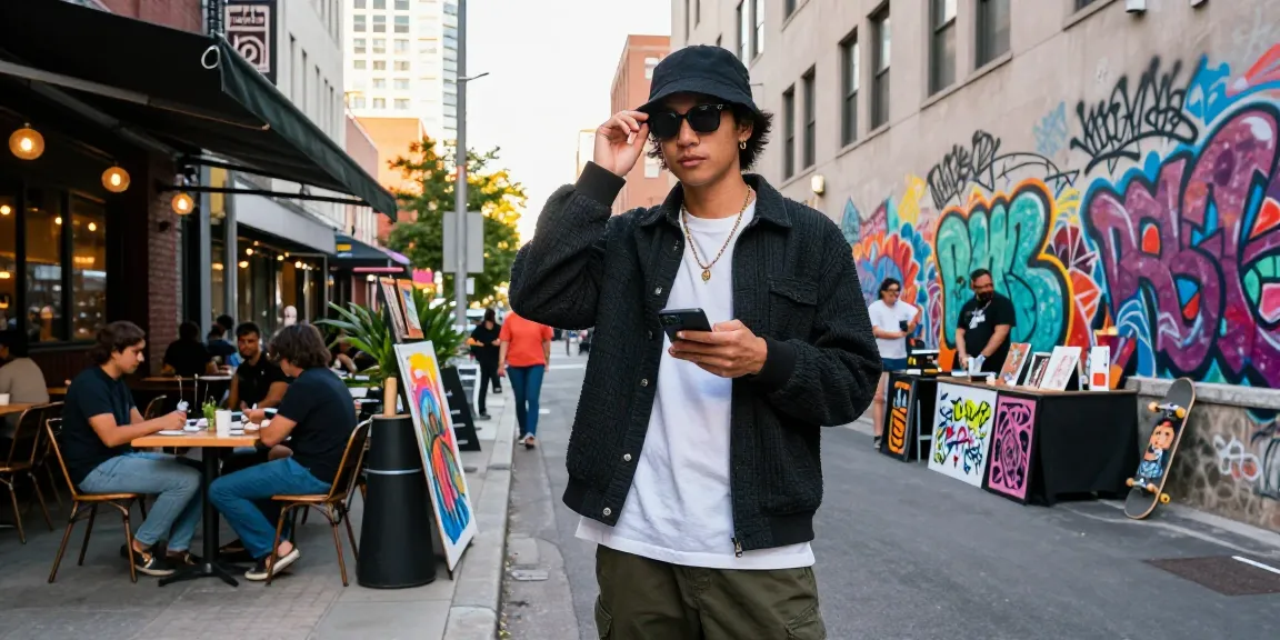 Fashion tips showcased in stylish urban outfit against a vibrant city backdrop.