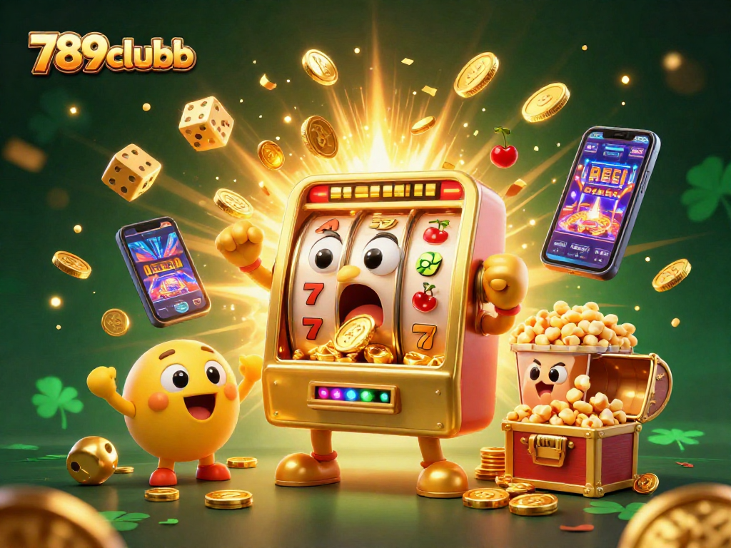 Play exciting casino games at 789clubb with a golden slot machine celebrating a jackpot.