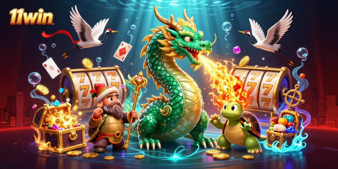 Engage with the vibrant world of 11win featuring a jade dragon, cartoon turtle, and lucky cranes in an artistic casino scene.