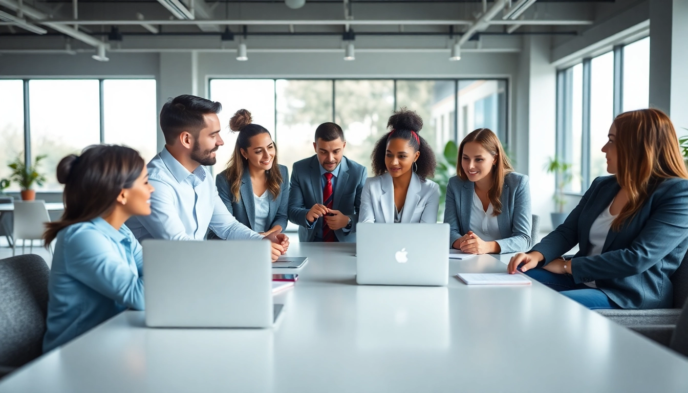 Engaged team of Quickplus Business Consultants discussing strategies in a modern office.
