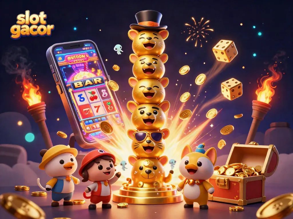 Experience the excitement of slot gacor with vibrant casino elements and dynamic characters in a colorful 3D illustration.