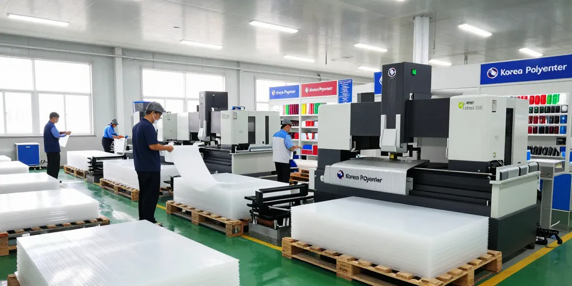Korea Polymer engineering plastics production with workers inspecting MC Nylon and PEEK materials in a modern facility