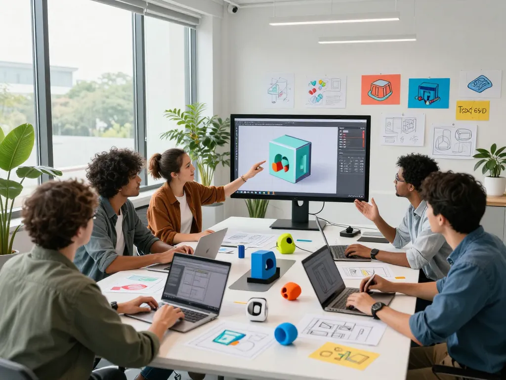 Team collaborating in a bright office using Text to 3D technology to create innovative designs, showcasing creativity and teamwork.