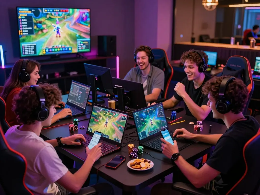 Engaging online gaming atmosphere featuring rik vip with friends playing on various devices.