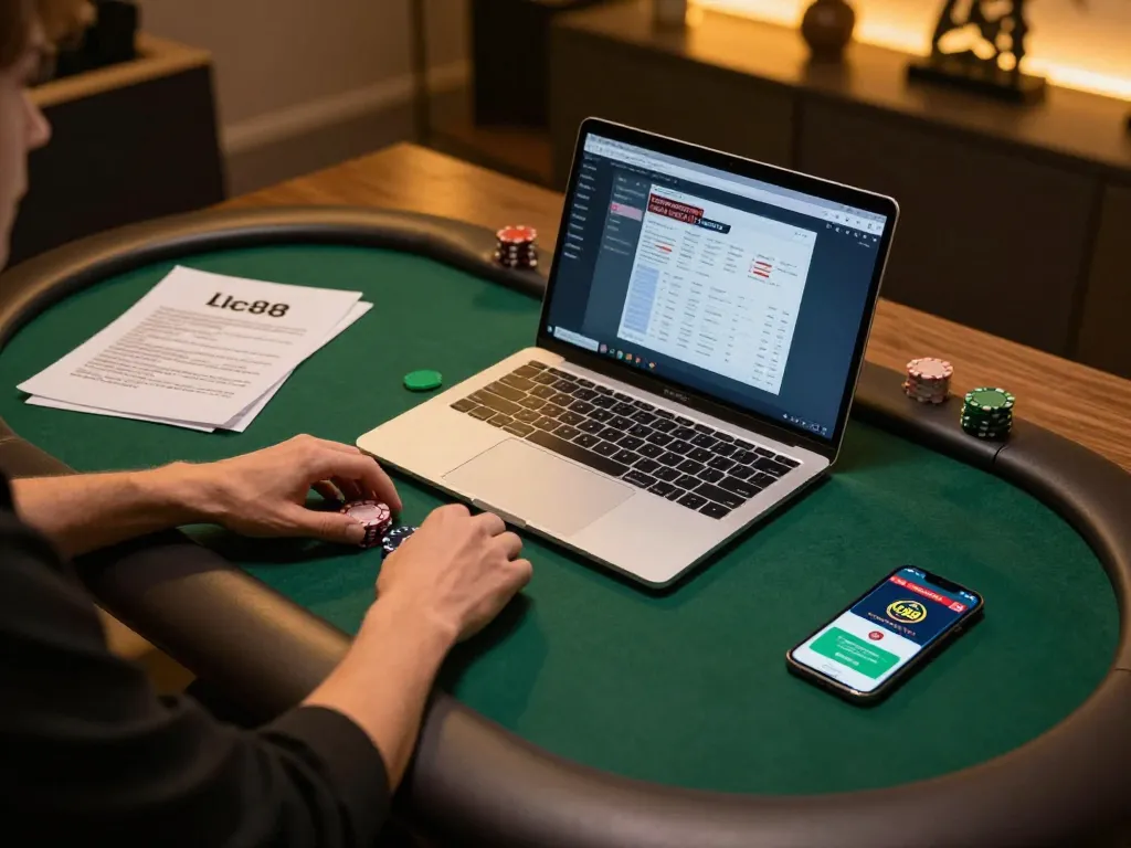 Engaging in strategic gameplay at lc88 casino on a laptop in a cozy home environment.