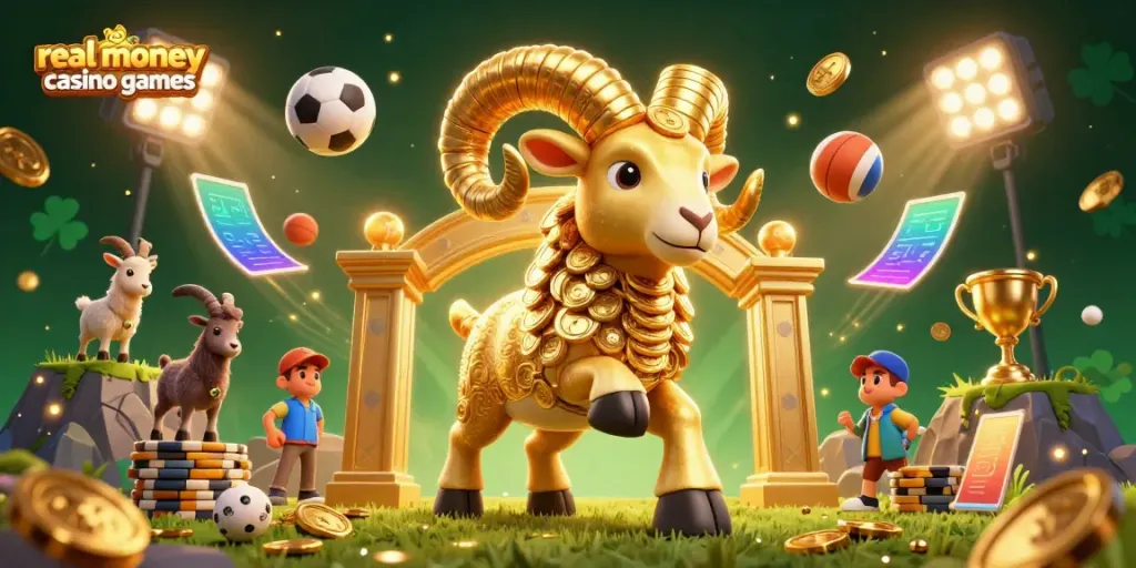 Experience real money casino games with a golden ram charging through a dynamic, vibrant casino environment.