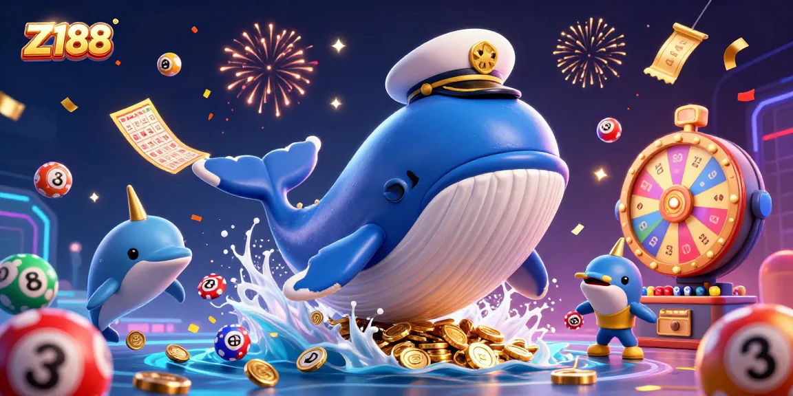Z188 captivates with a dynamic scene of a whale breaching through coins, showcasing exhilarating casino games and vibrant lottery elements.