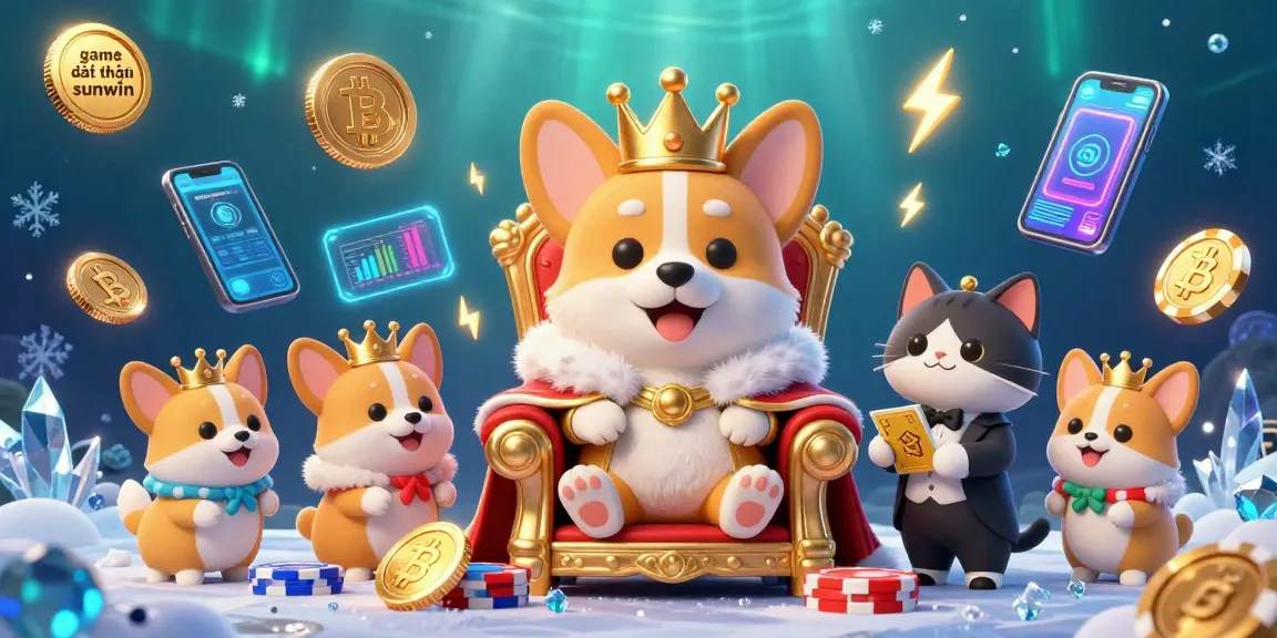 Engage with game bài đổi thưởng sunwin in a vibrant casino scene featuring a royal corgi on a poker chip throne.