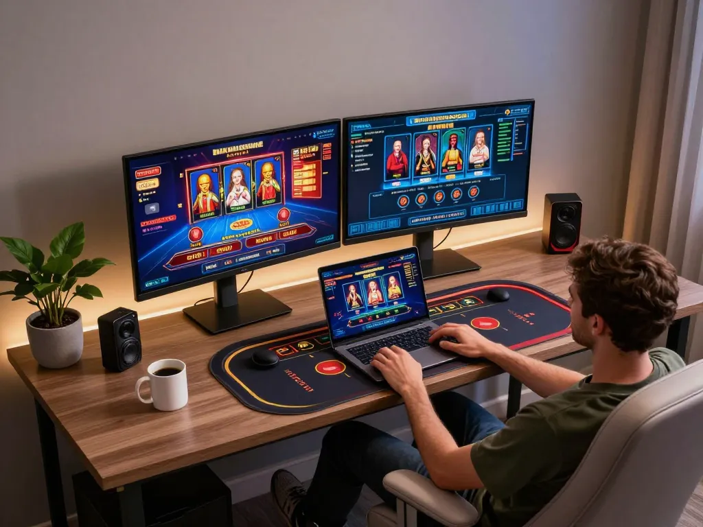 Engaged player using FC88 online casino app on laptop in a cozy modern gaming setup.