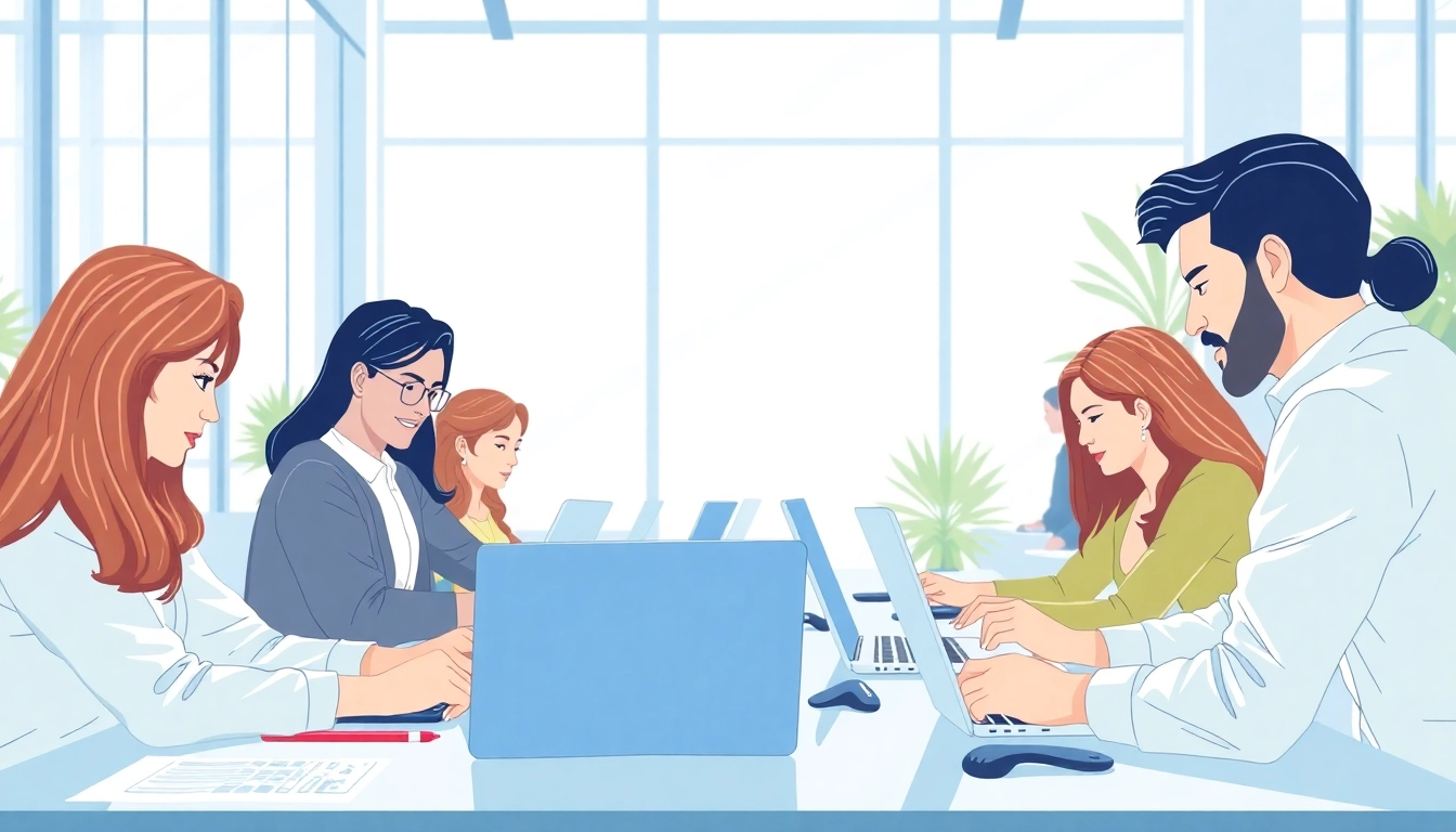 Streamlined uk eta online application process with diverse individuals engaged in a bright workspace.