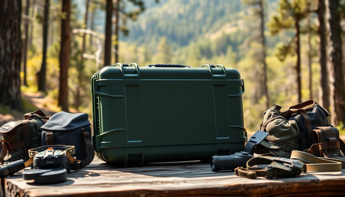 Showcasing a pelican gun case for sale in an outdoor setting with hiking gear accents.