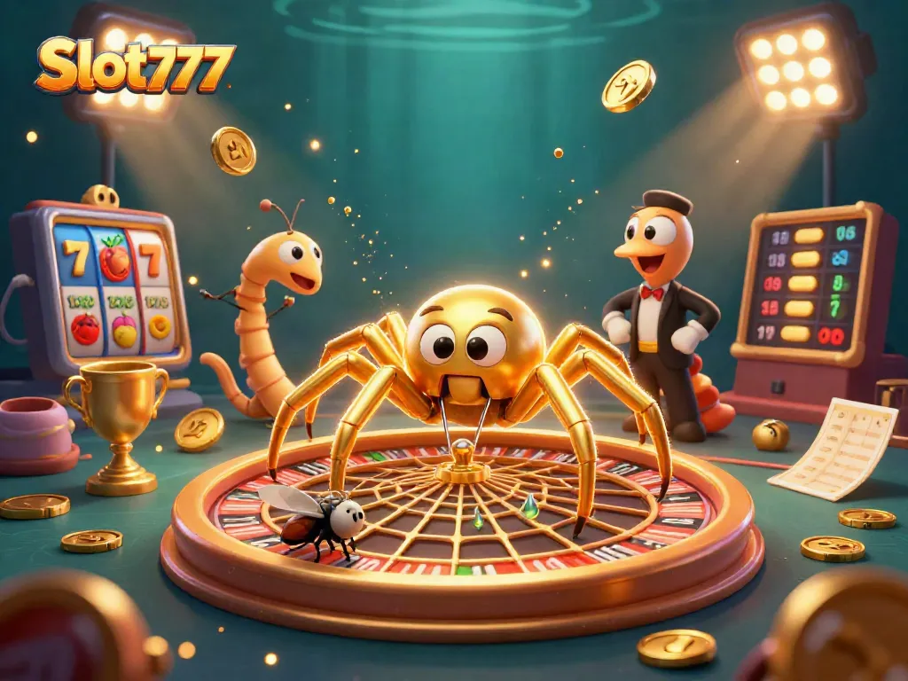 Slot777 menghadirkan momen taruhan seru dengan laba-laba emas memutar roda roulette dan simbol jackpot.
