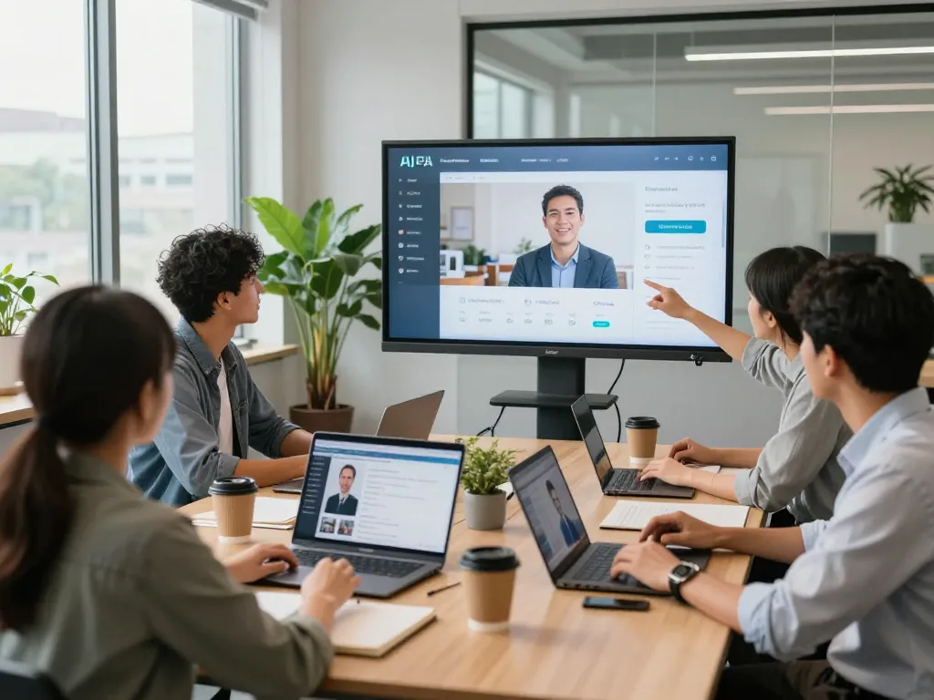 Recruiters using AI interviewer technology in a modern office.