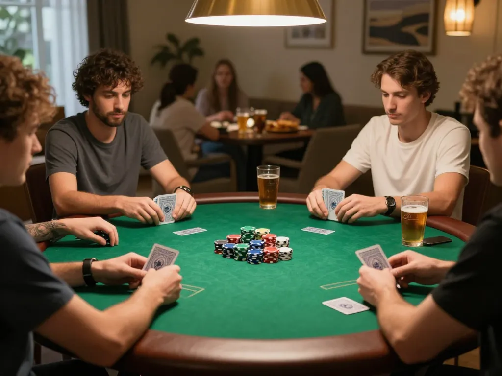 Engaged friends playing poker at home showcasing fly88 gaming strategies and camaraderie