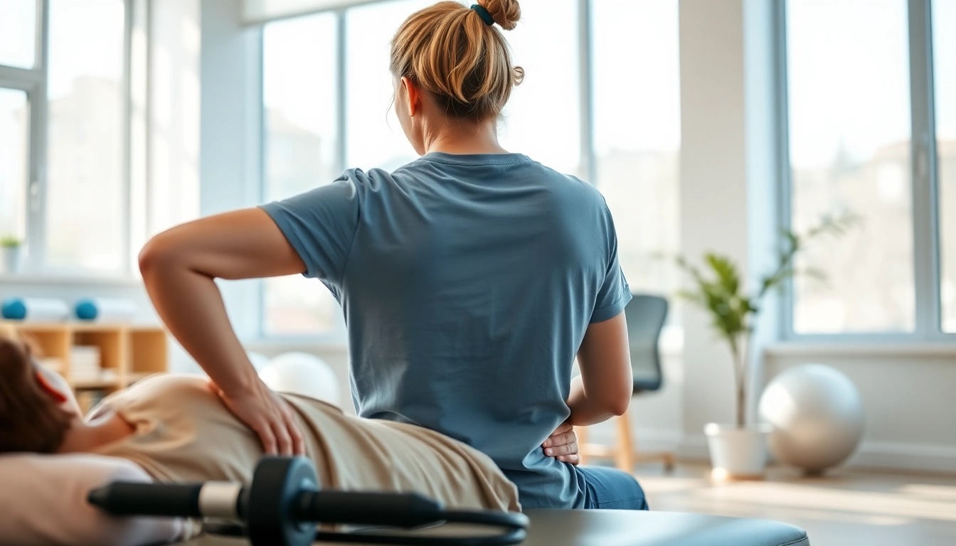 Physiotherapist provides lower back pain treatment guidance to a patient in a bright clinic.