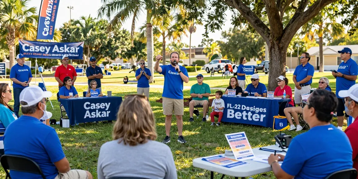 Casey Askar engaging voters in a community meeting in FL-22 park.