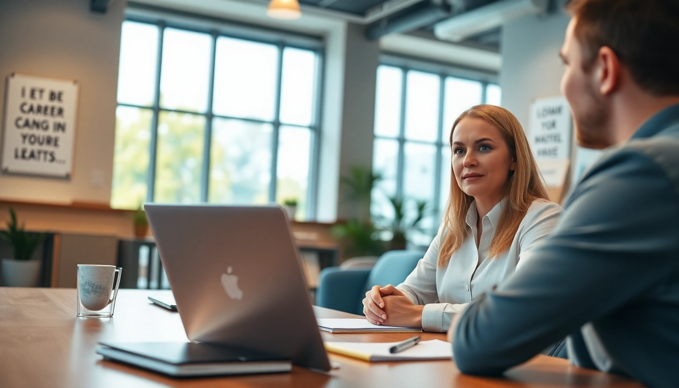 Career coaching session between a coach and client in a bright modern office atmosphere.