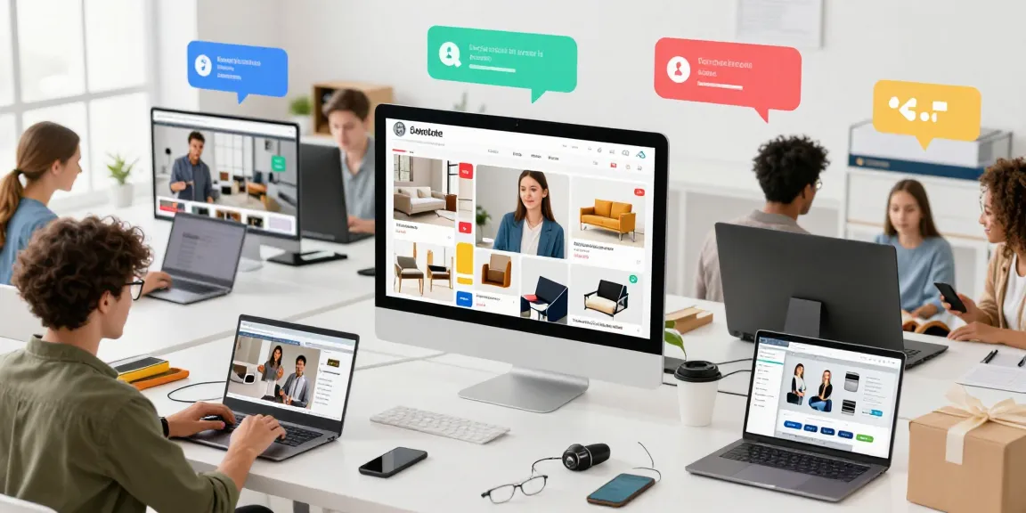 Engaging rokok88 e-commerce marketplace scene showcasing users shopping for second-hand goods online with vibrant items displayed.