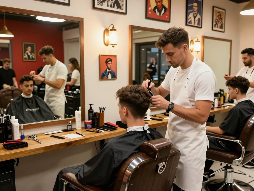 Manclub grooming scene with stylish barber cutting hair in a modern barbershop.