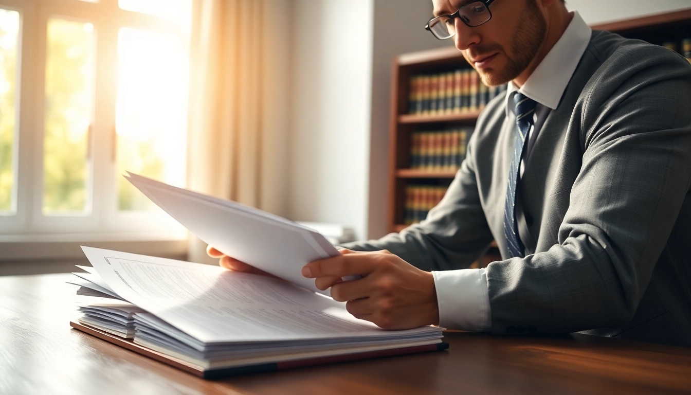 Lawyer examining documents related to Probate in a bright office environment.