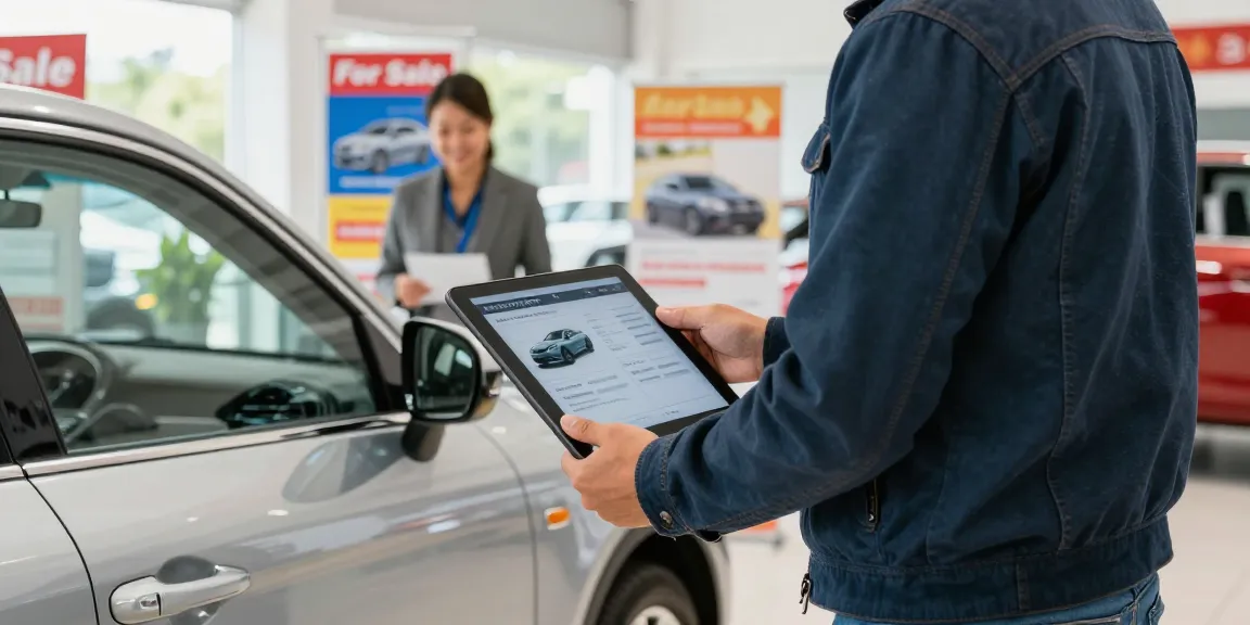 Person checking the best car history check UK report on a tablet while inspecting a vehicle at a dealership.